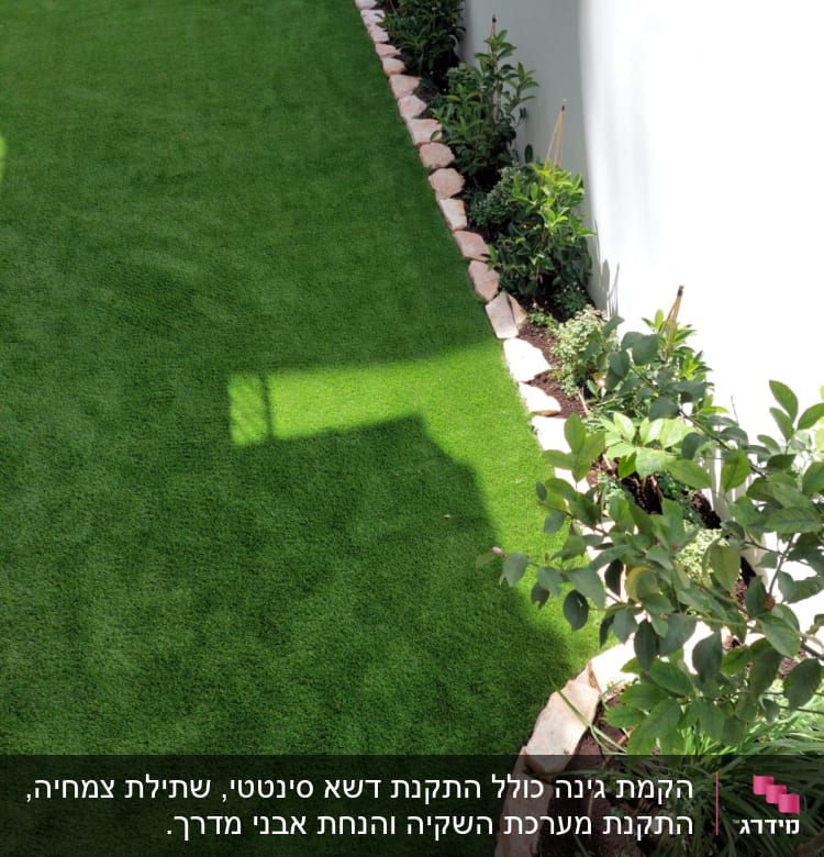 דשא ירוק מוקף באבנים וצמחים בגינה